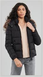 Superdry Κοντό Γυναικείο Puffer Μπουφάν με Γούνινη Κουκούλα για Χειμώνα Μαύρο