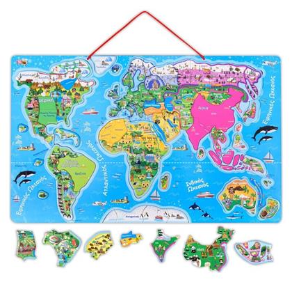 Ξύλινο Παιδικό Puzzle Μαγνητικό Επιτοίχιο, Χάρτης του Κόσμου για 4+ Ετών 77pcs 50/50 Games